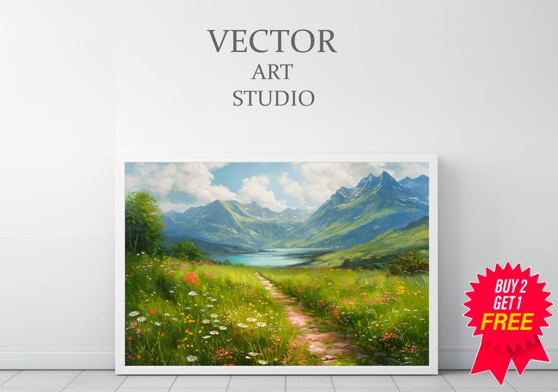 Sunny Alpine Meadow Wildflower Path Below Vintage Mountains Poster - Image 3