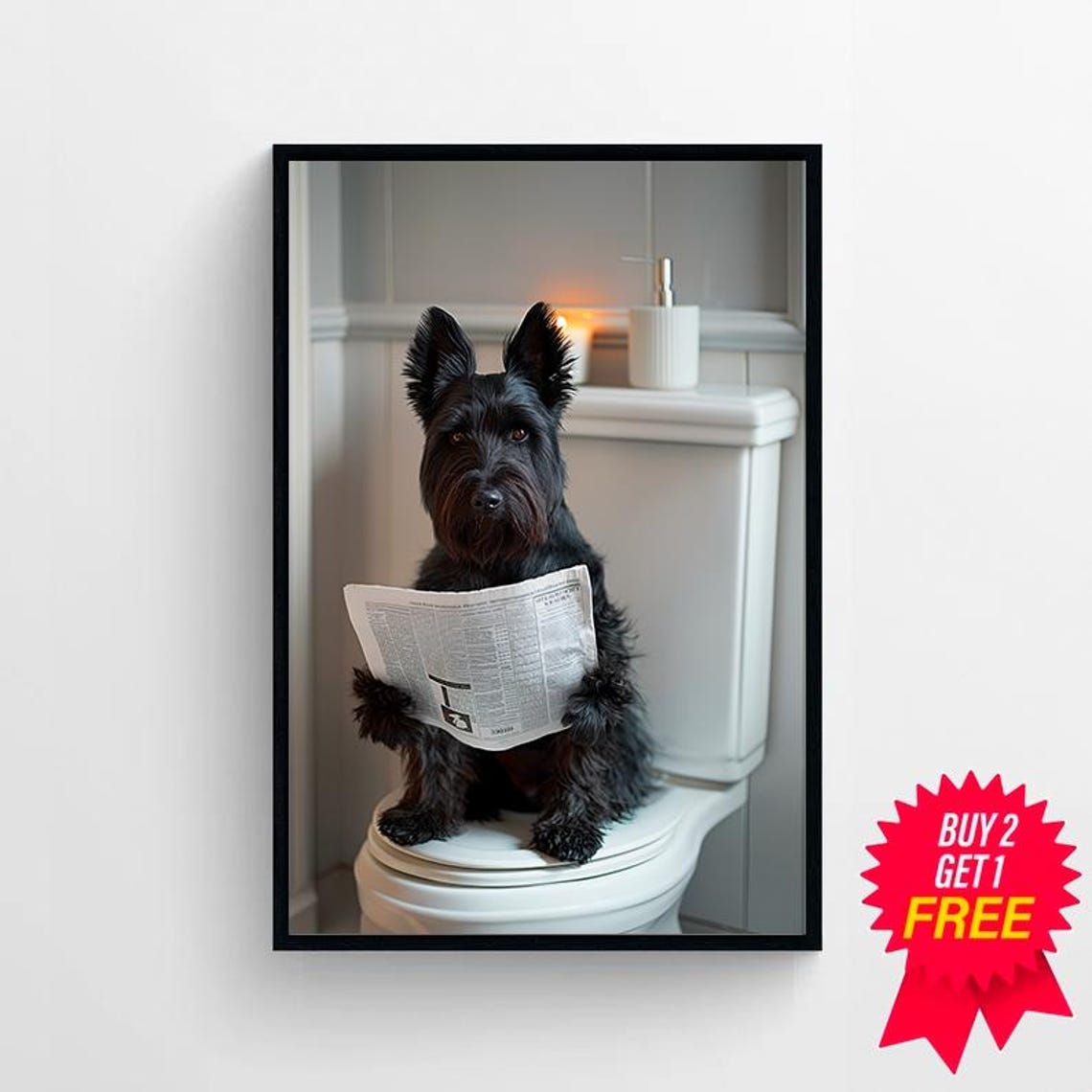 Funny Scottish Terrier Reading Newspaper on Toilet Bathroom Poster - Image 4