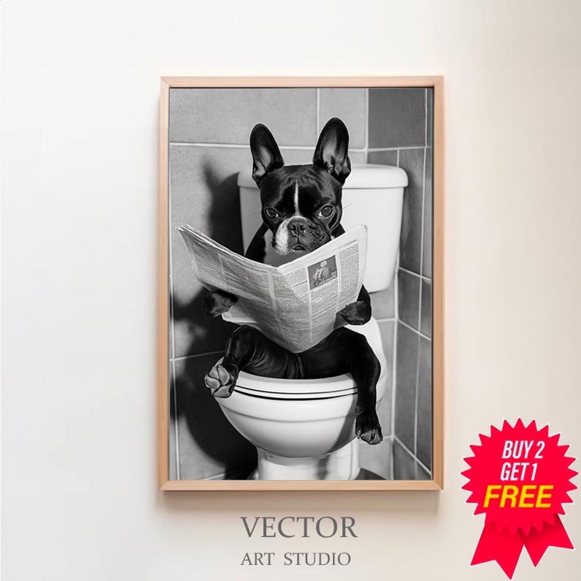 French Bulldog On Toilet Reading Newspaper Funny Photo Poster