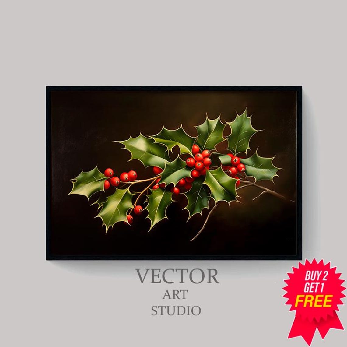 Glossy Holly Leaves And Red Berries On Deep Dark Botanical Poster - Image 4