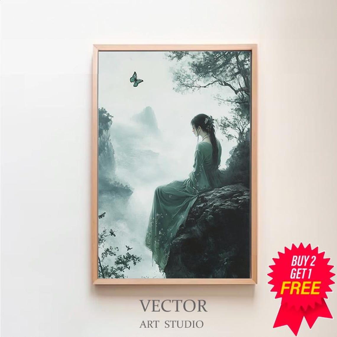 Artemis in Teal Robe on Misty Cliff With Butterfly Watercolor Poster