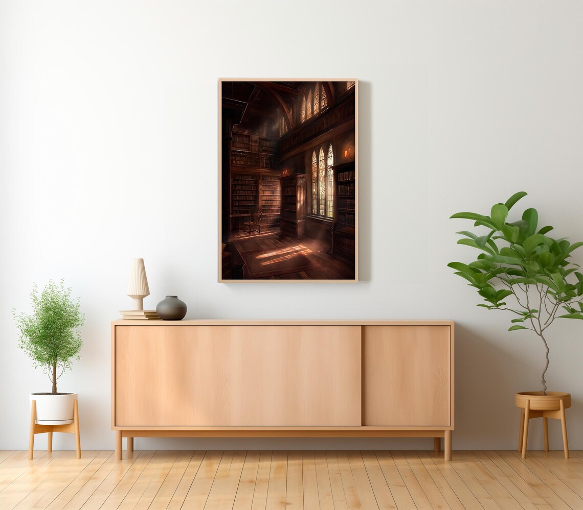 Dark Gothic Library Hall With Sunbeams Streaming Through Shadows Poster - Image 2