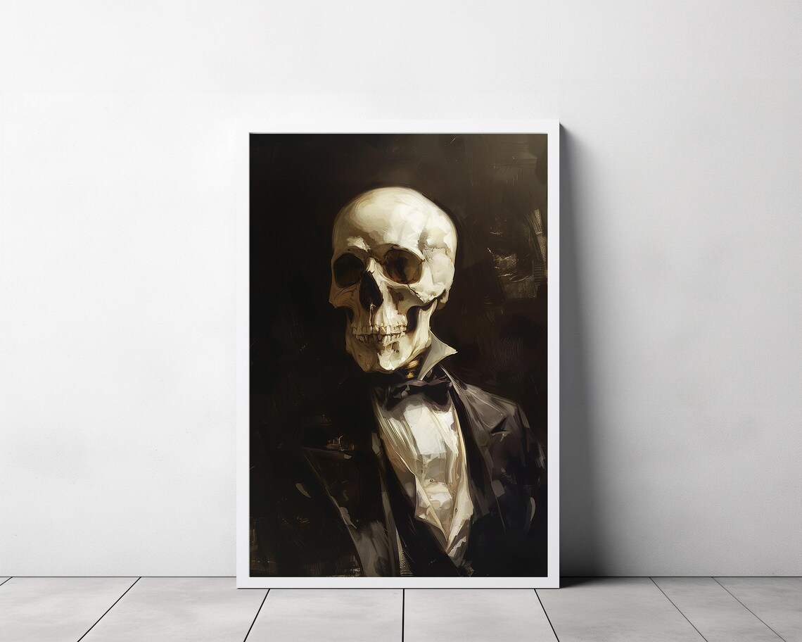 Skeleton Wearing Bow Tie Painted In Dark Renaissance Portrait Style Poster - Image 3