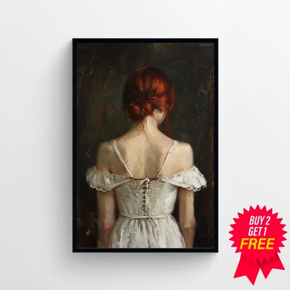 Back View of a Redhead Woman in White Lace Oil Painting Poster - Image 4