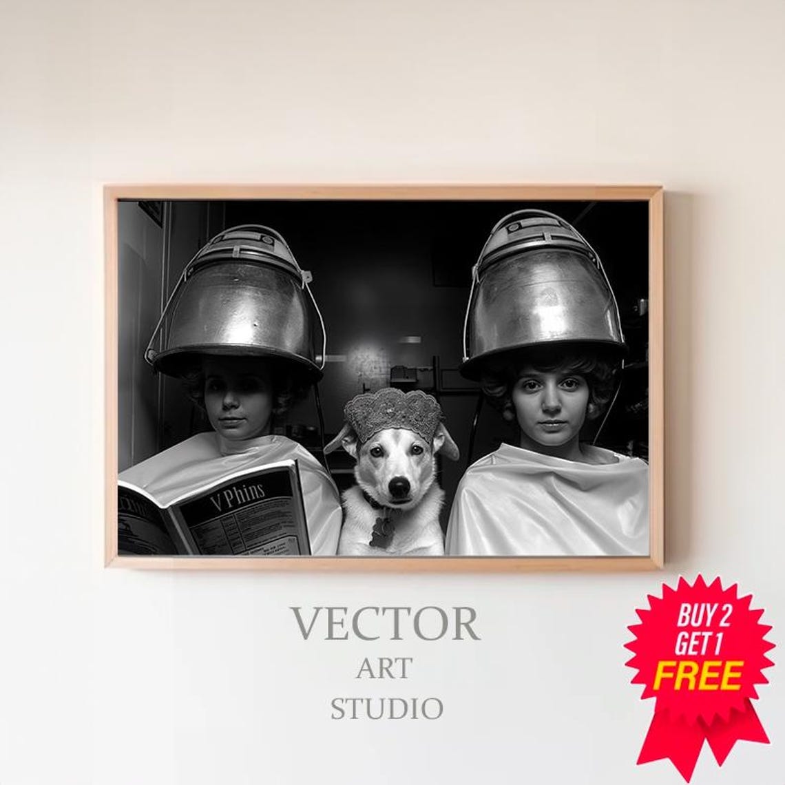 Funny Two Women and Dog Under Hair Dryers Vintage Salon Photo Poster