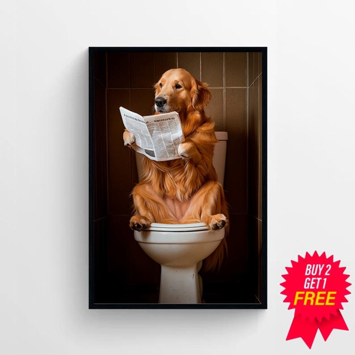 Golden Retriever Reading Newspaper On The Toilet Funny Dog Poster - Image 4