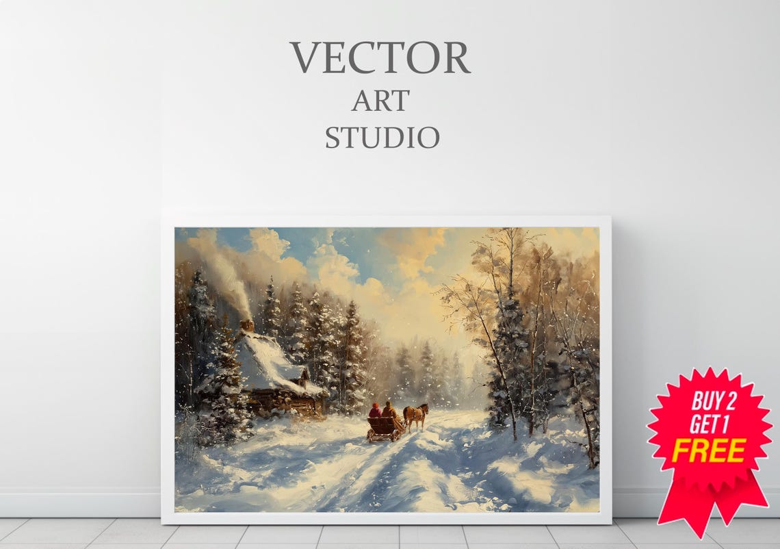 Horse Drawn Sleigh Past A Snowy Forest Cabin Winter Art Poster - Image 3