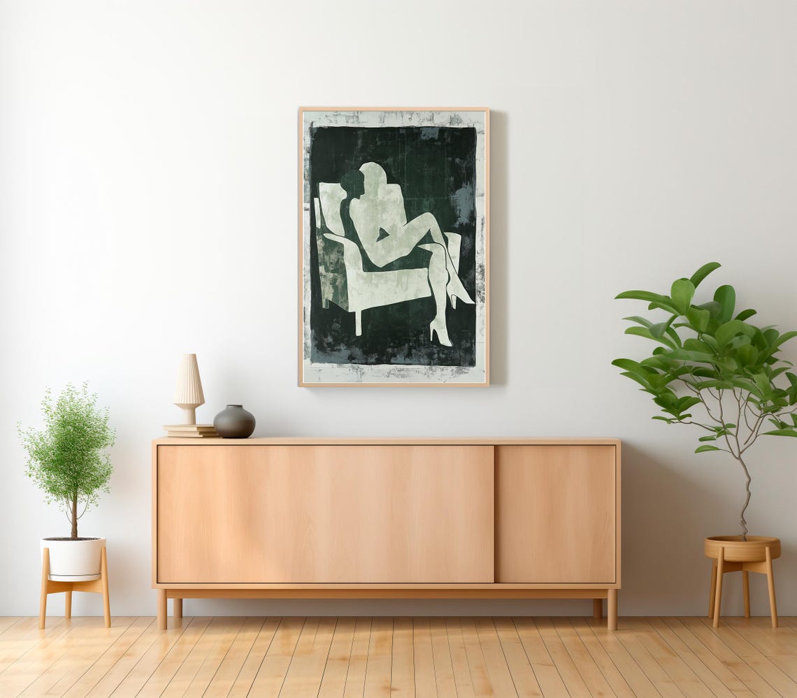Pale Abstract Seated Figure in Armchair on Dark Green Canvas Poster - Image 2