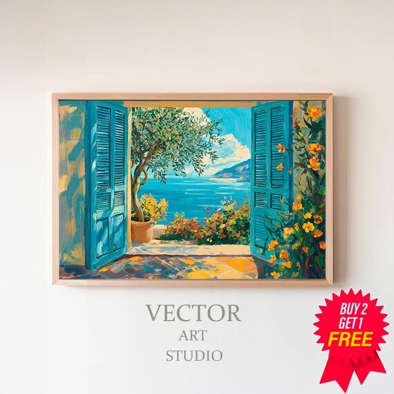 Blue Shutters Overlooking Mediterranean Seaside Terrace Poster