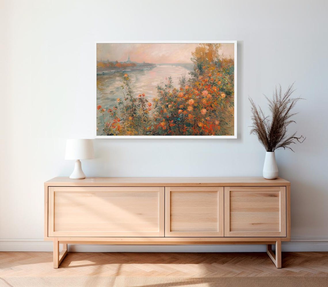Riverside Wild Roses at Sunset Impressionist Garden Landscape Poster - Image 2