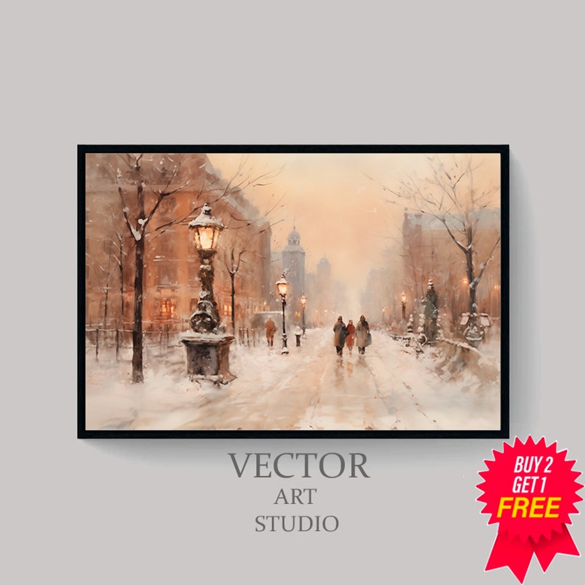 Snowy Winter City Street With Glowing Gas Lamps at Sunset Poster - Image 4