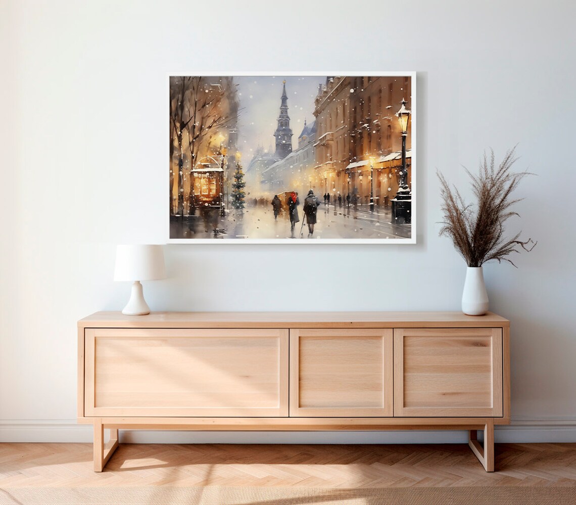 Snowy Winter Street with Church Spire Vintage Christmas Poster - Image 2