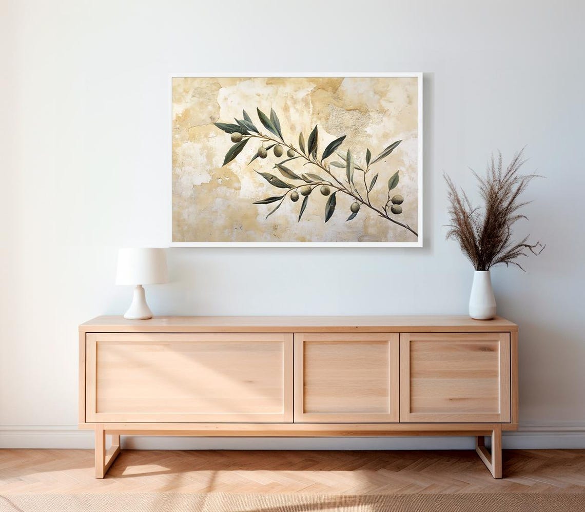 Olive Branch Fresco On Aged Plaster Wall Botanical Art Poster - Image 2