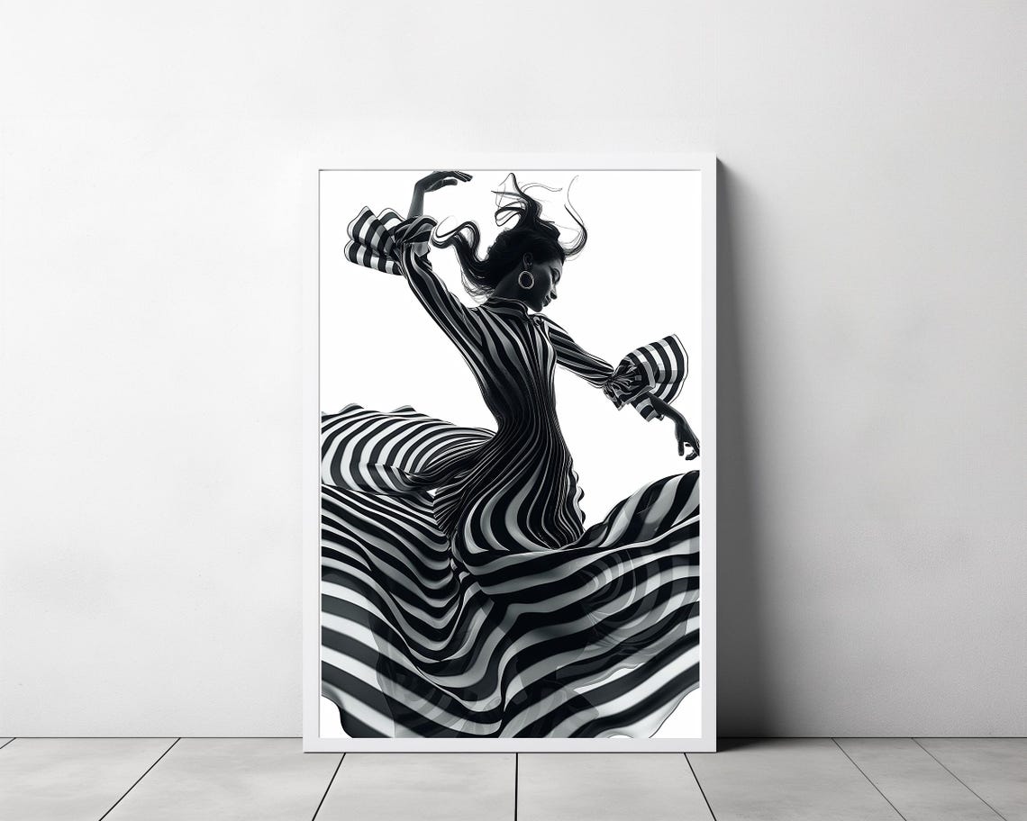 Dynamic Dancing Woman Silhouette in Flowing Striped Gown Poster - Image 3