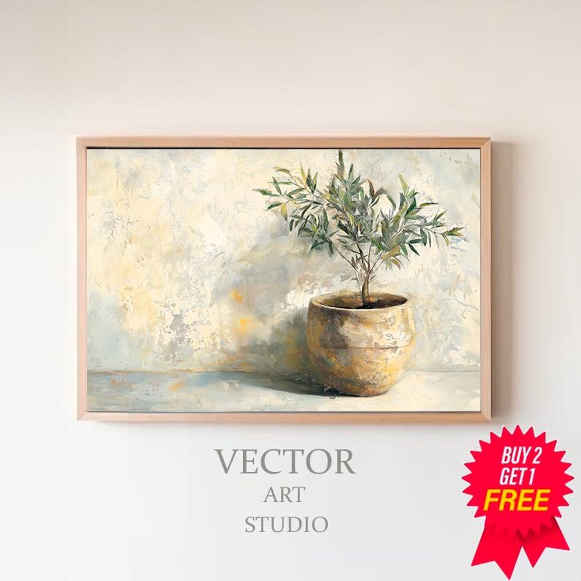Olive Tree In Aged Clay Pot Against Pale Plaster Wall Poster