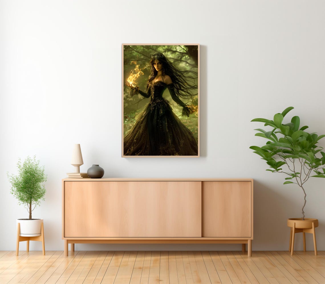 Dark Enchantress Holding Fire In Enchanted Forest Fantasy Poster - Image 2