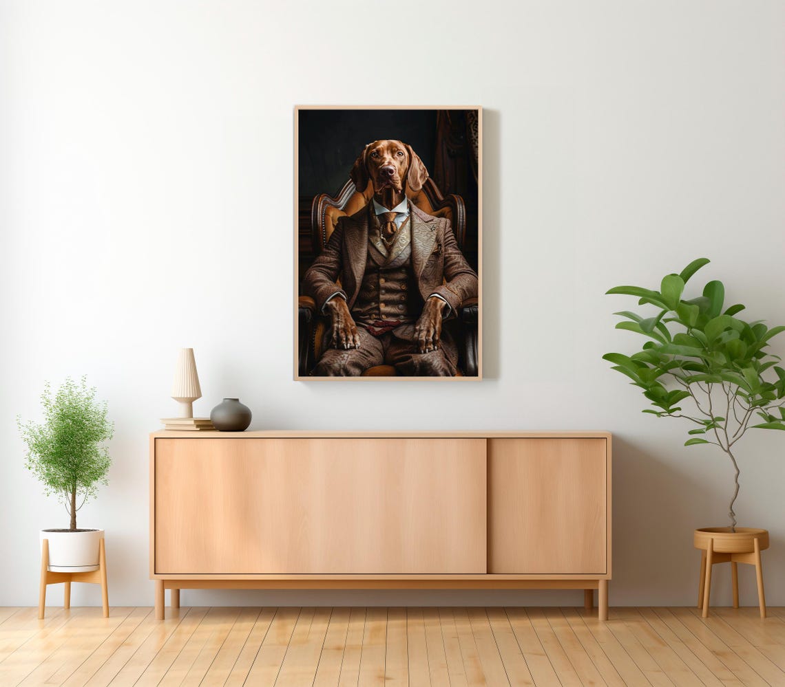 Vizsla in Brown Victorian Suit Leather Chair Portrait Poster - Image 2