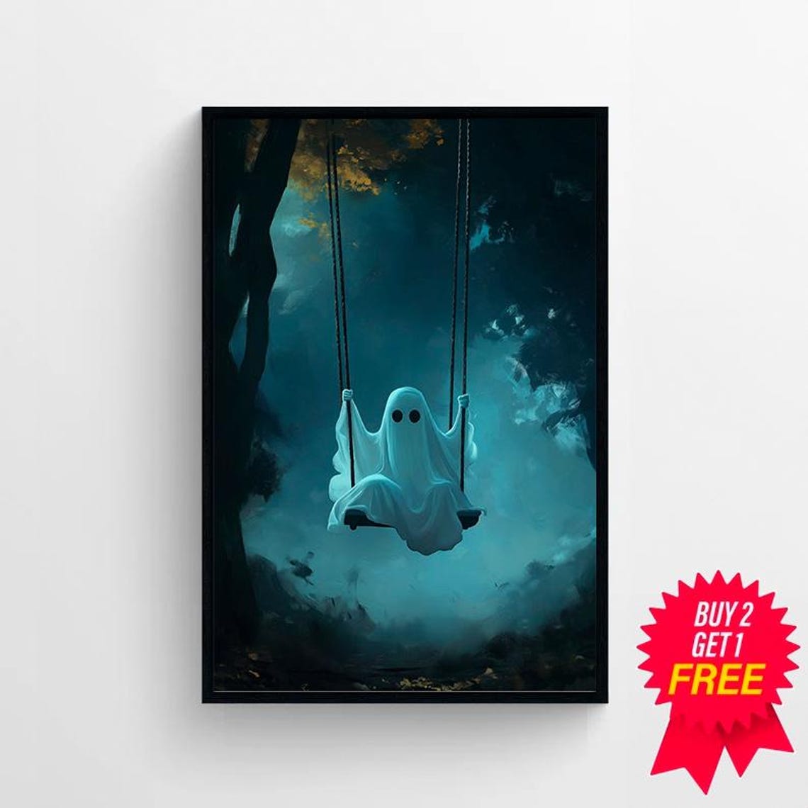 Cute Sheet Ghost Swinging in a Misty Blue Forest Night Poster - Image 4