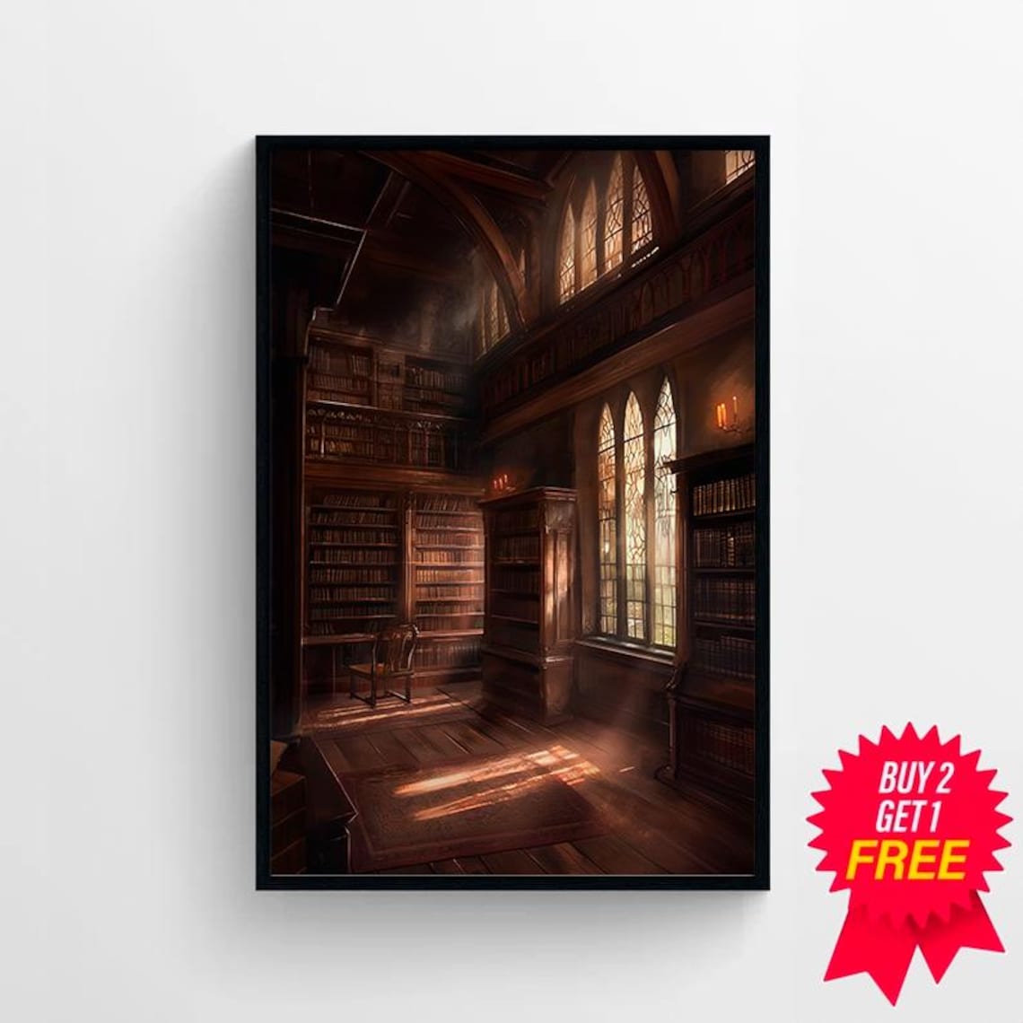 Dark Gothic Library Hall With Sunbeams Streaming Through Shadows Poster - Image 4