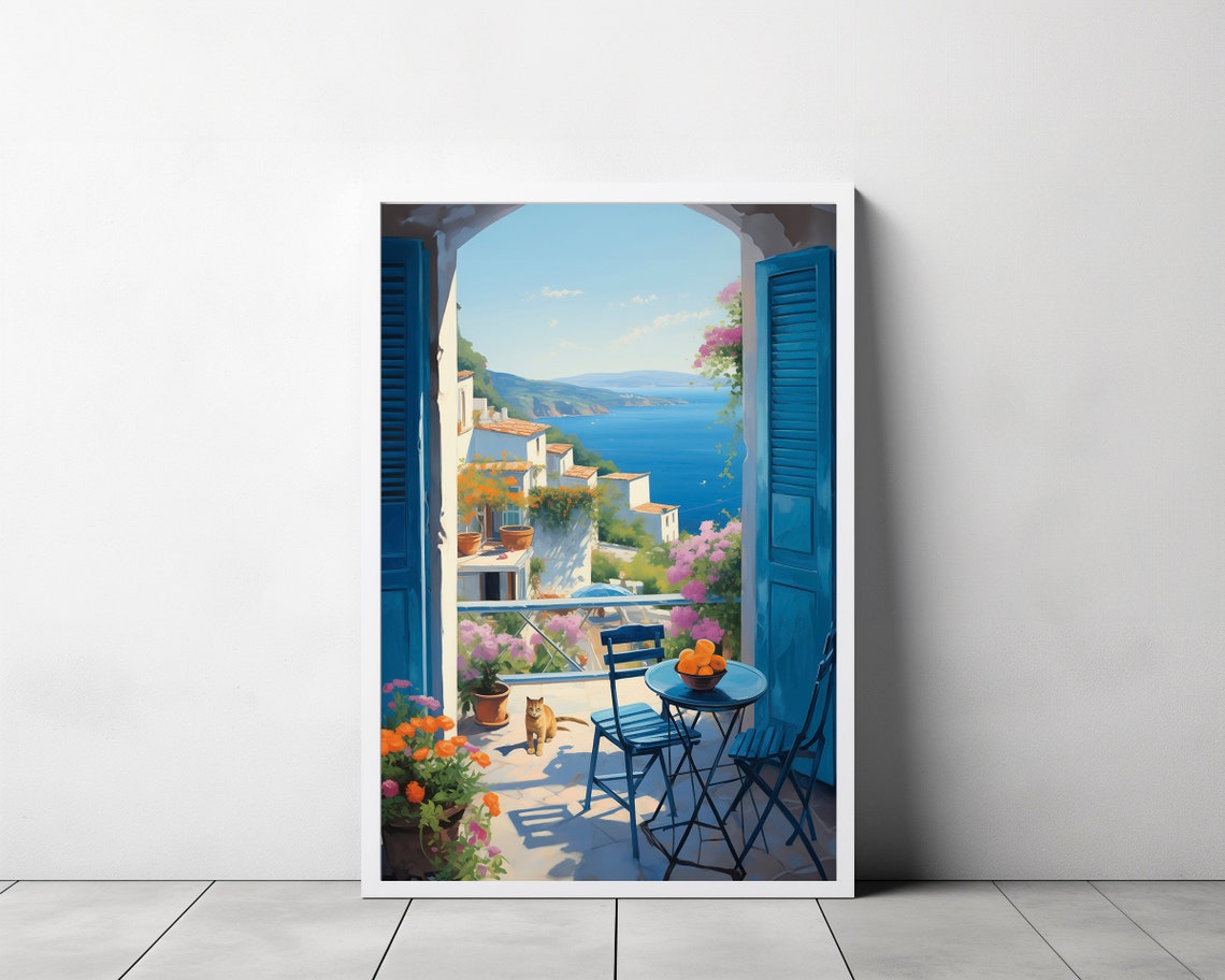 Mediterranean Terrace with Cat Overlooking the Sea Painting Poster - Image 3