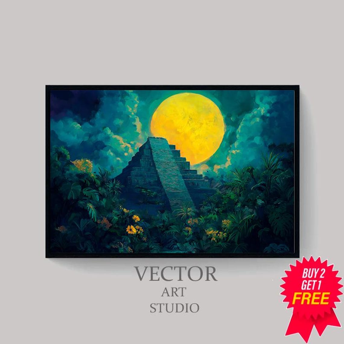 Ancient Step Pyramid Under Full Moon Tropical Jungle Art Print - Image 4