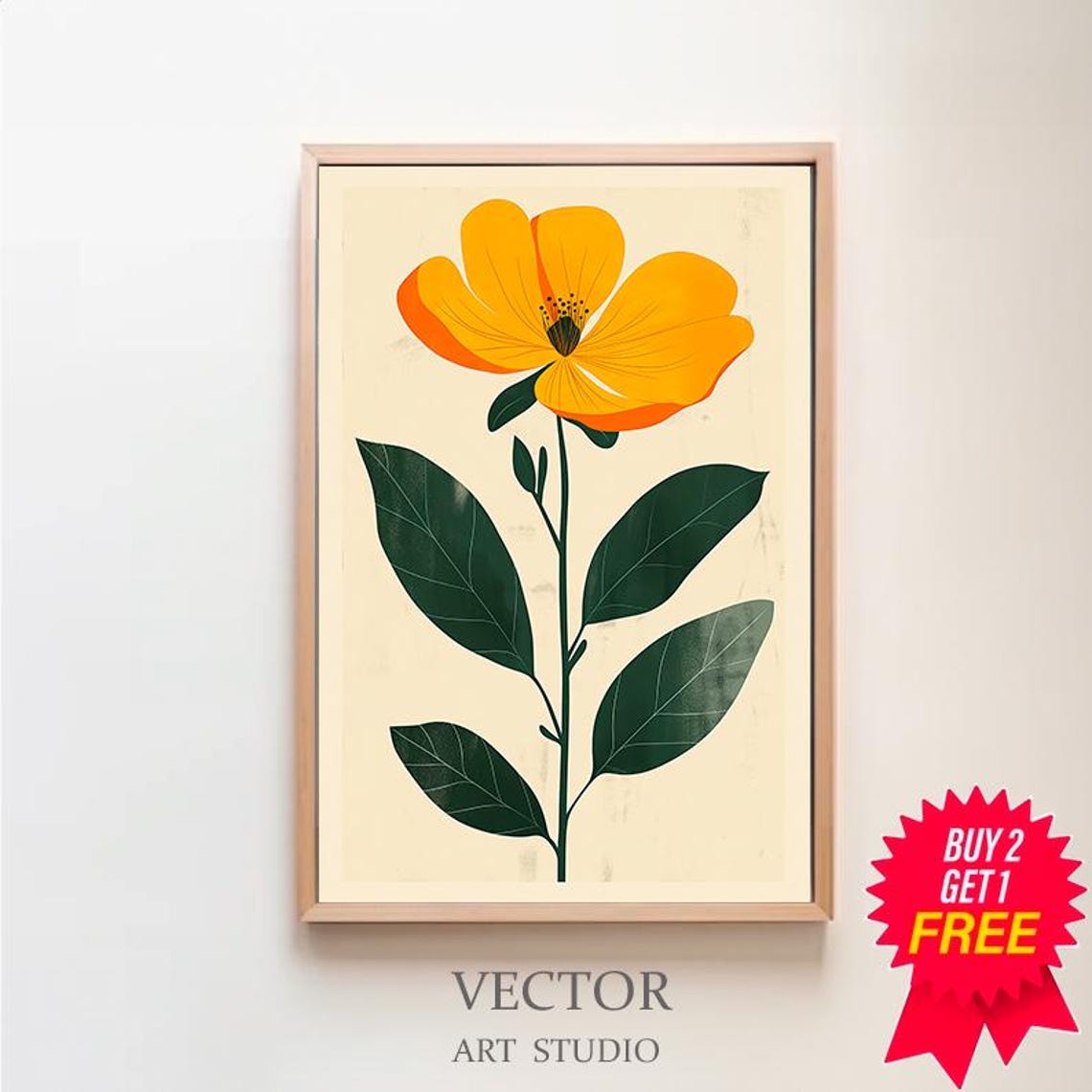 Yellow Buttercup Bloom on Cream Minimalist Floral Art Poster