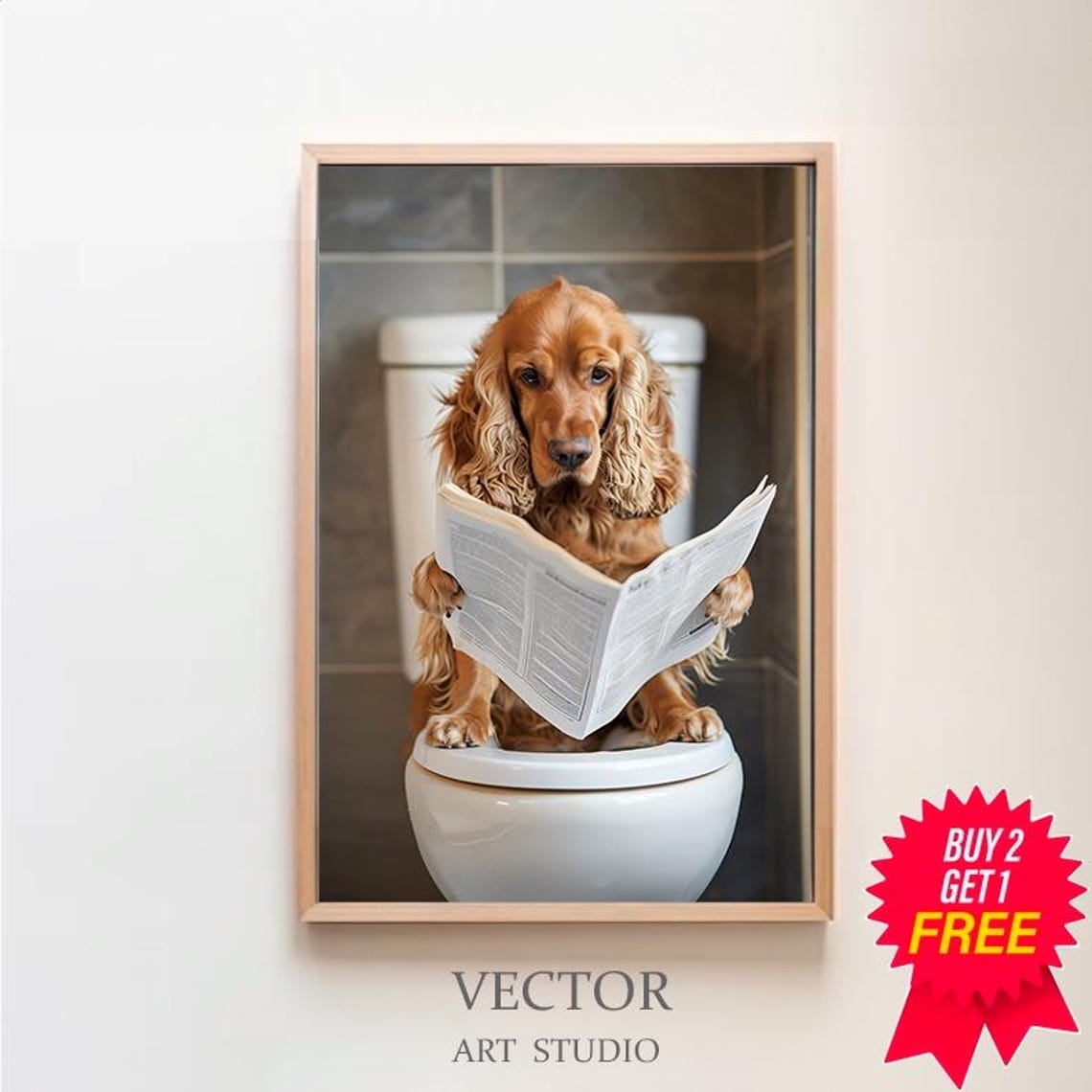Cocker Spaniel Reading Newspaper on the Toilet Funny Bathroom Poster