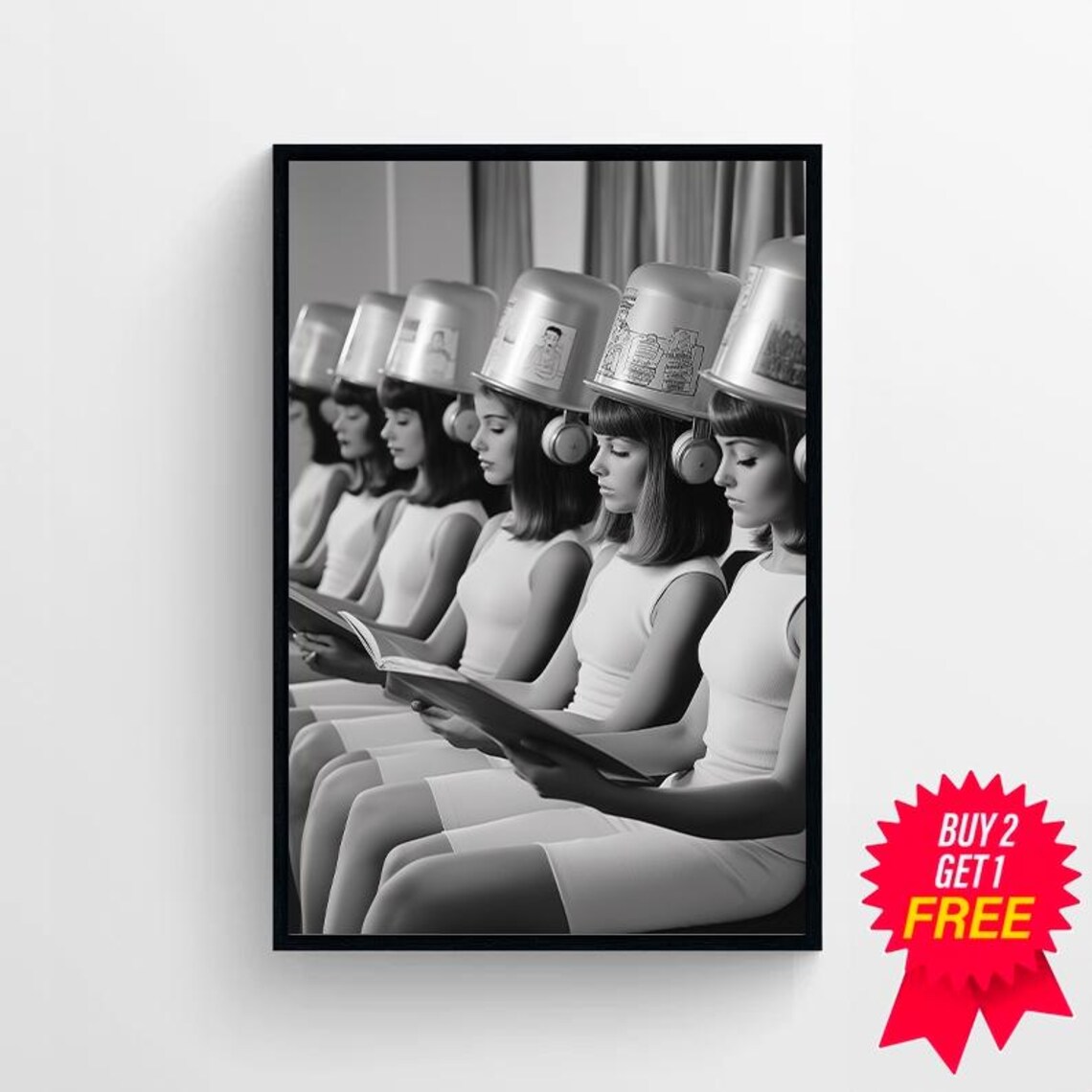 Row of Women with Decorated Vintage Salon Hair Dryers Photo Poster - Image 4