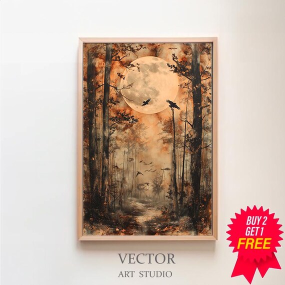 Full Moon Rising Over a Haunted Forest with Crows in Orange Mist Poster