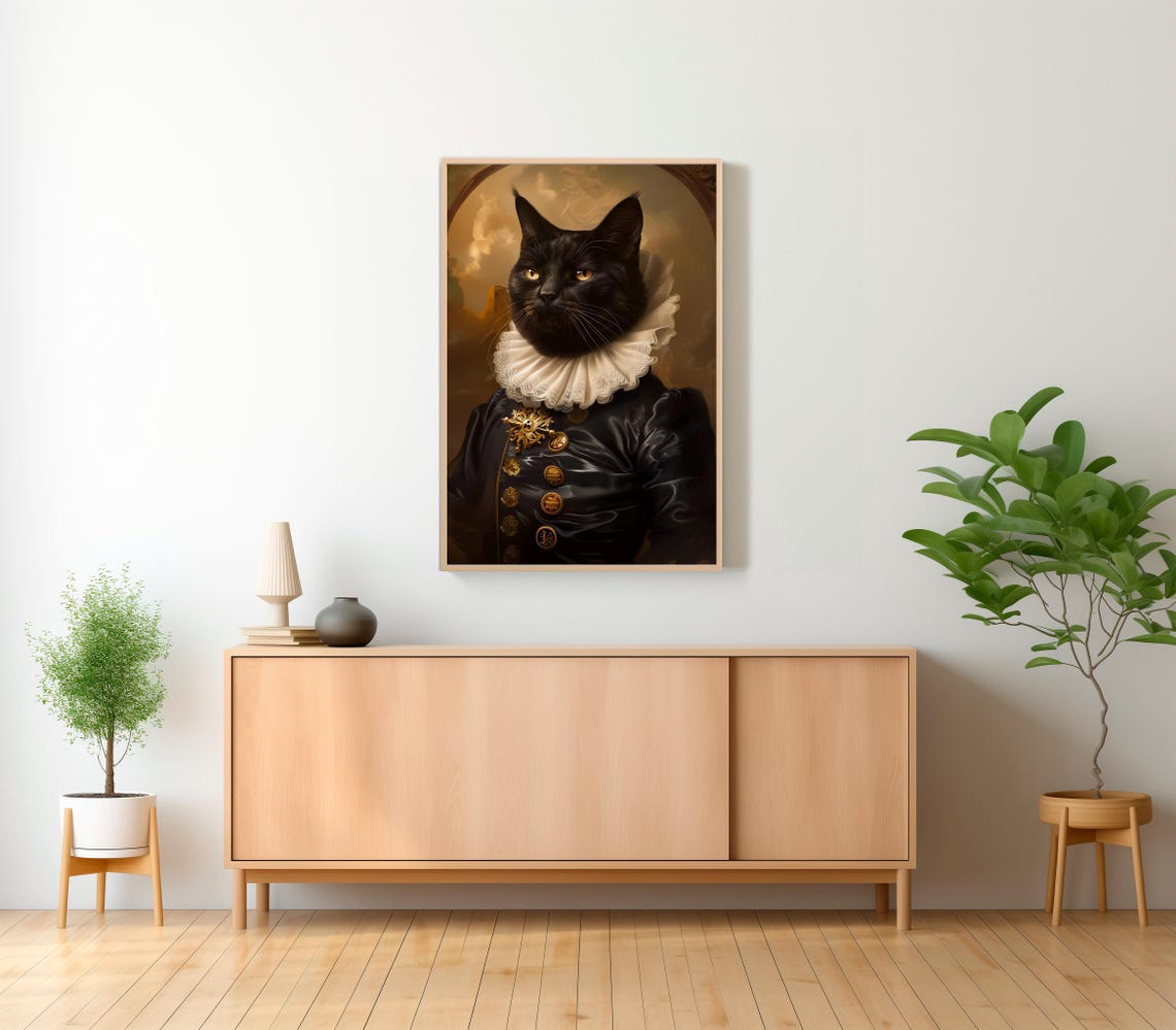 Noble Black Cat in Ruff with Gold Star Medal Baroque Style Poster - Image 2