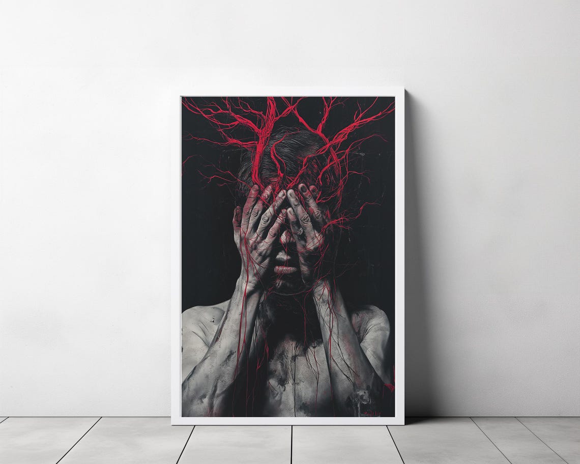 Horror Portrait Hands Over Face Red Vein Lines Dark Art Poster - Image 3