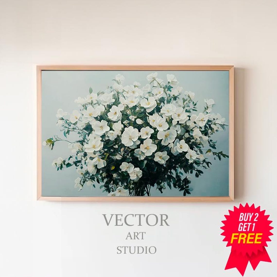 White Spring Blossoms Bouquet Soft Pale Blue Botanical Art Print