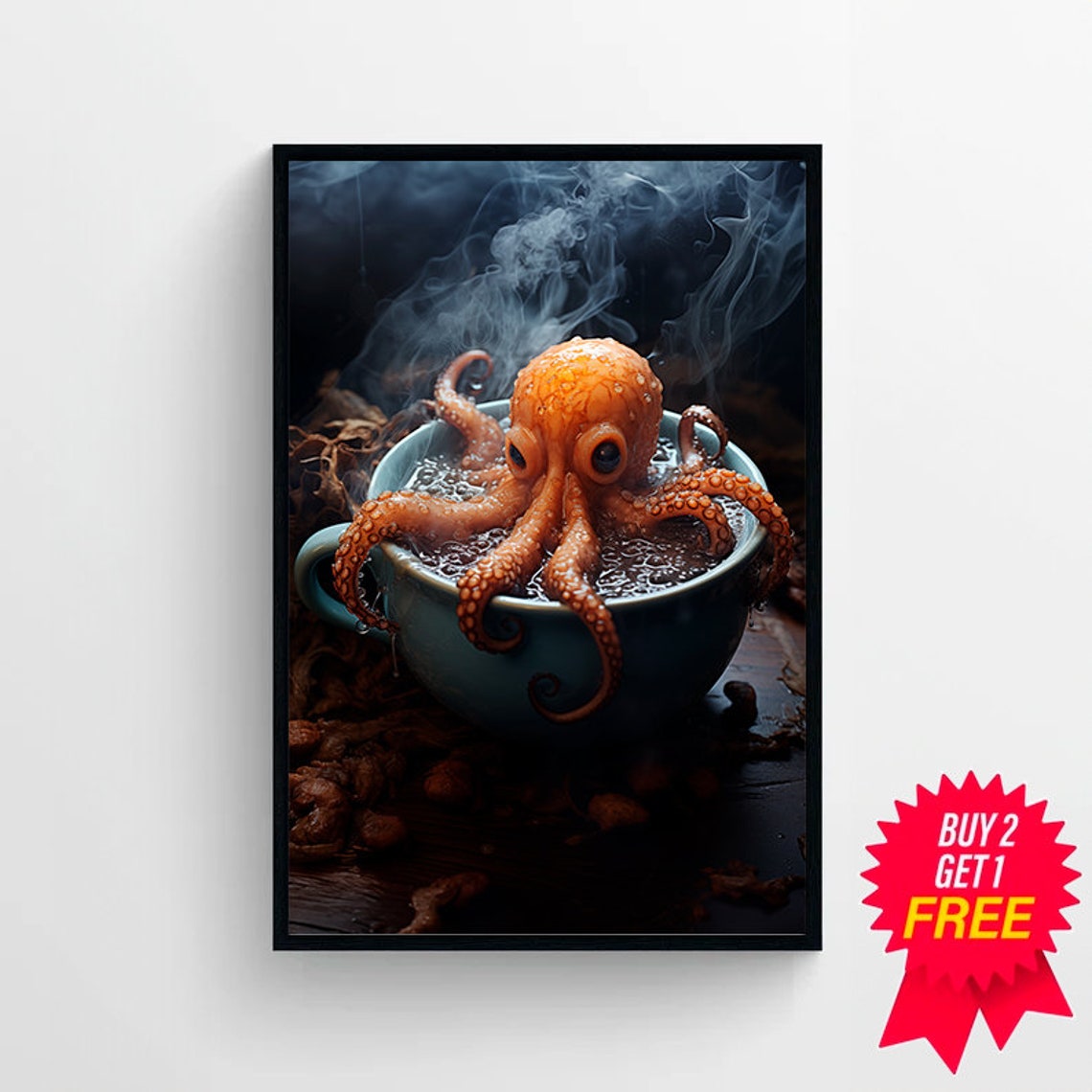 Octopus In A Tea Cup Oil Painting Octopus Decor Gothic Kitchen Decor Dark Humor Moody Kitchen Wall Art Whimsy Animal Art - Image 4