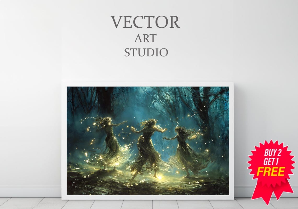 Blue Moonlit Forest Fairy Dance with Golden Sparkle Fantasy Poster - Image 3