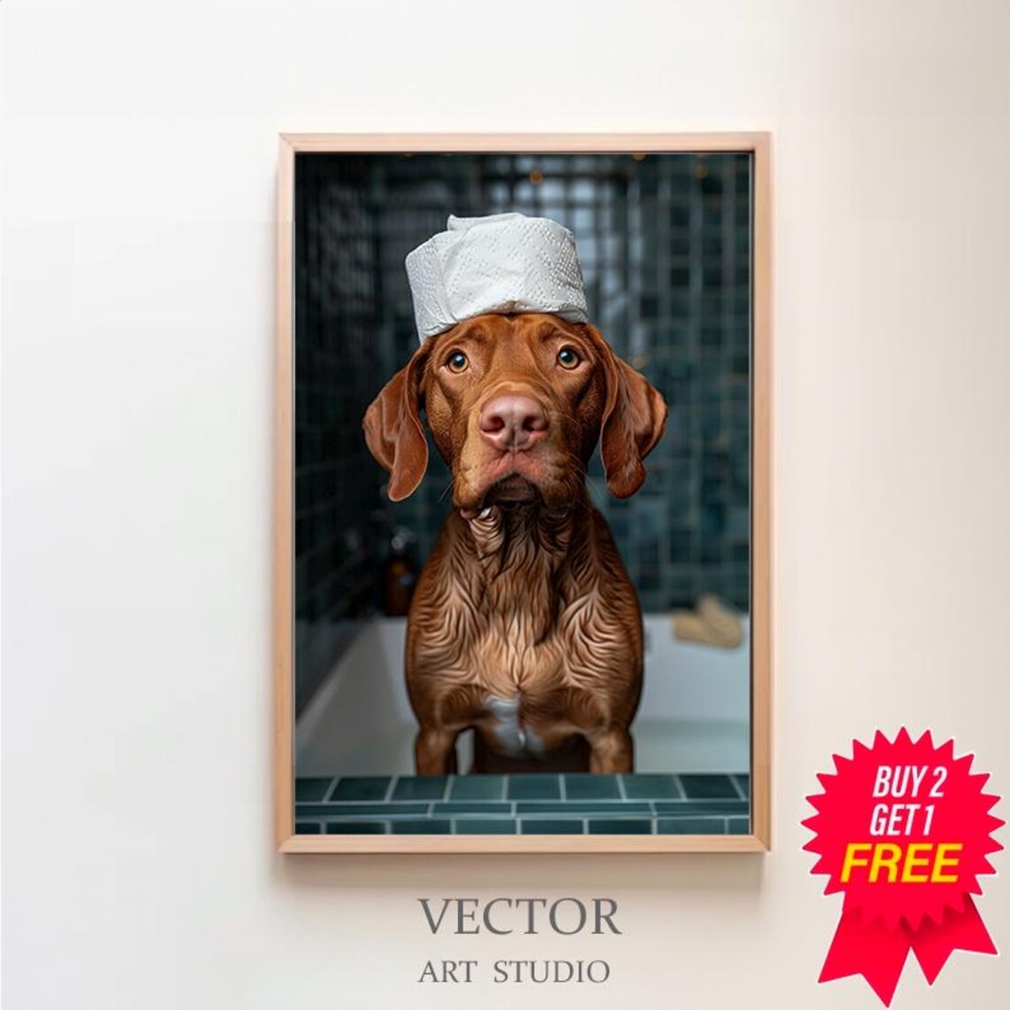 Funny Wet Vizsla in Shower with Toilet Paper Turban Bathroom Poster