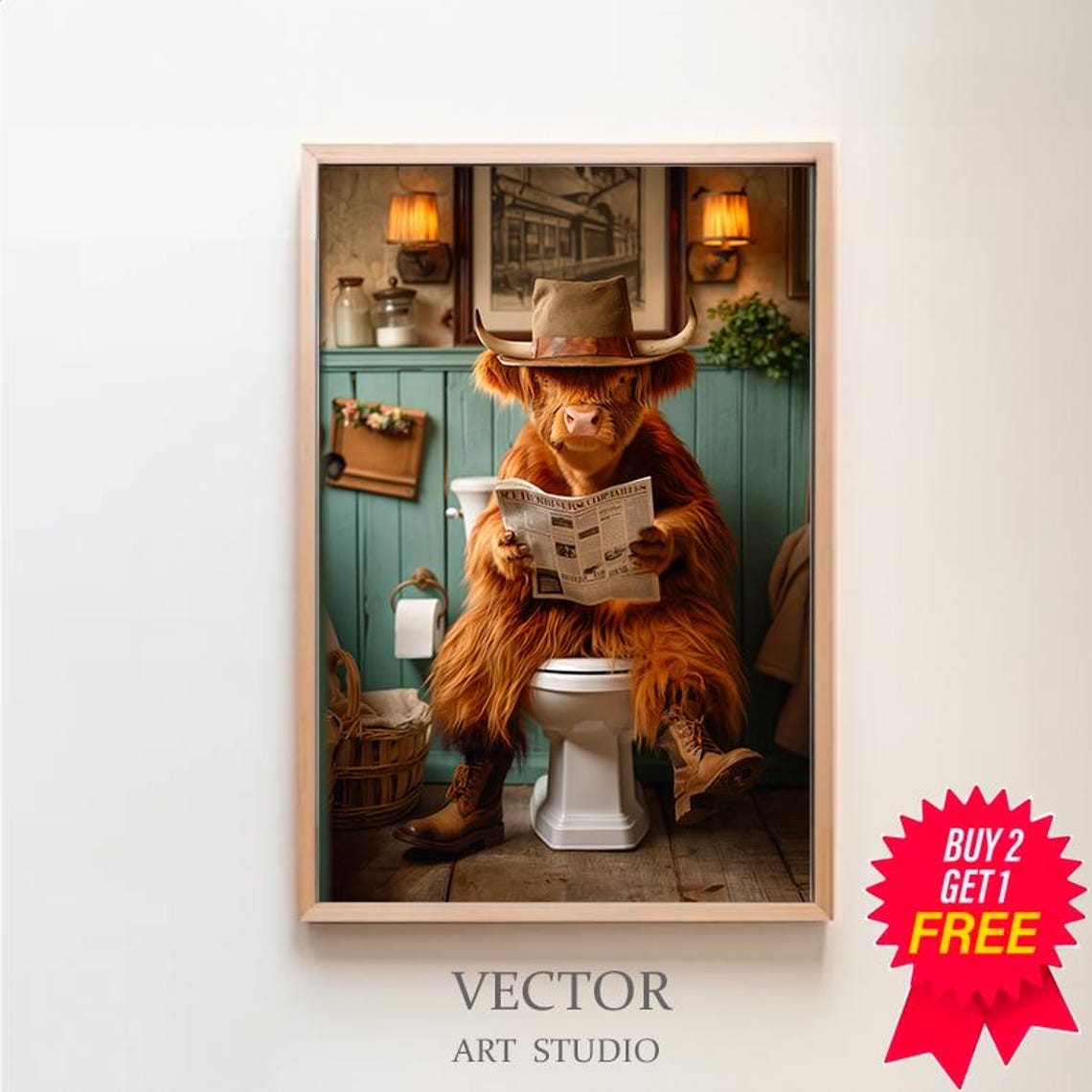 Shaggy Highland Cow in Cowboy Hat Reading Paper on Toilet Poster