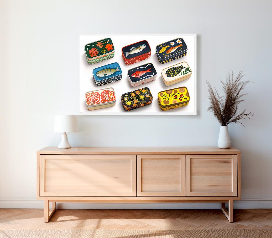 Decorated Sardine Tins with Painted Lids Grid Kitchen Poster - Image 2