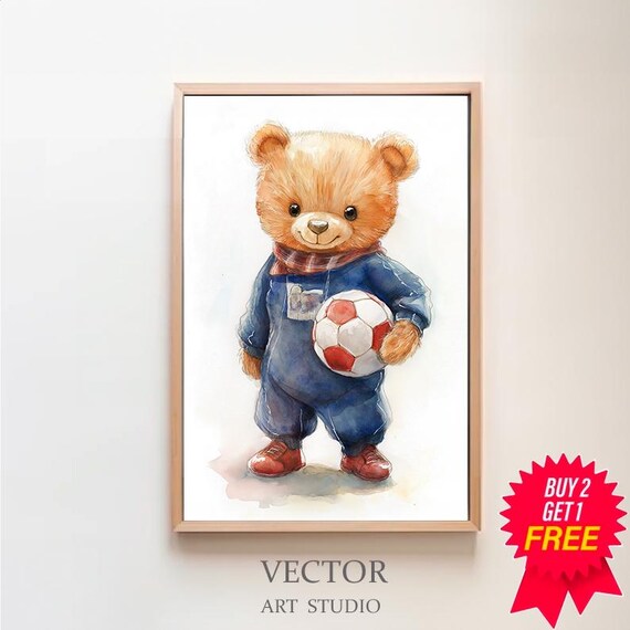 Teddy Bear in Blue Overalls Holding a Red Soccer Ball Poster