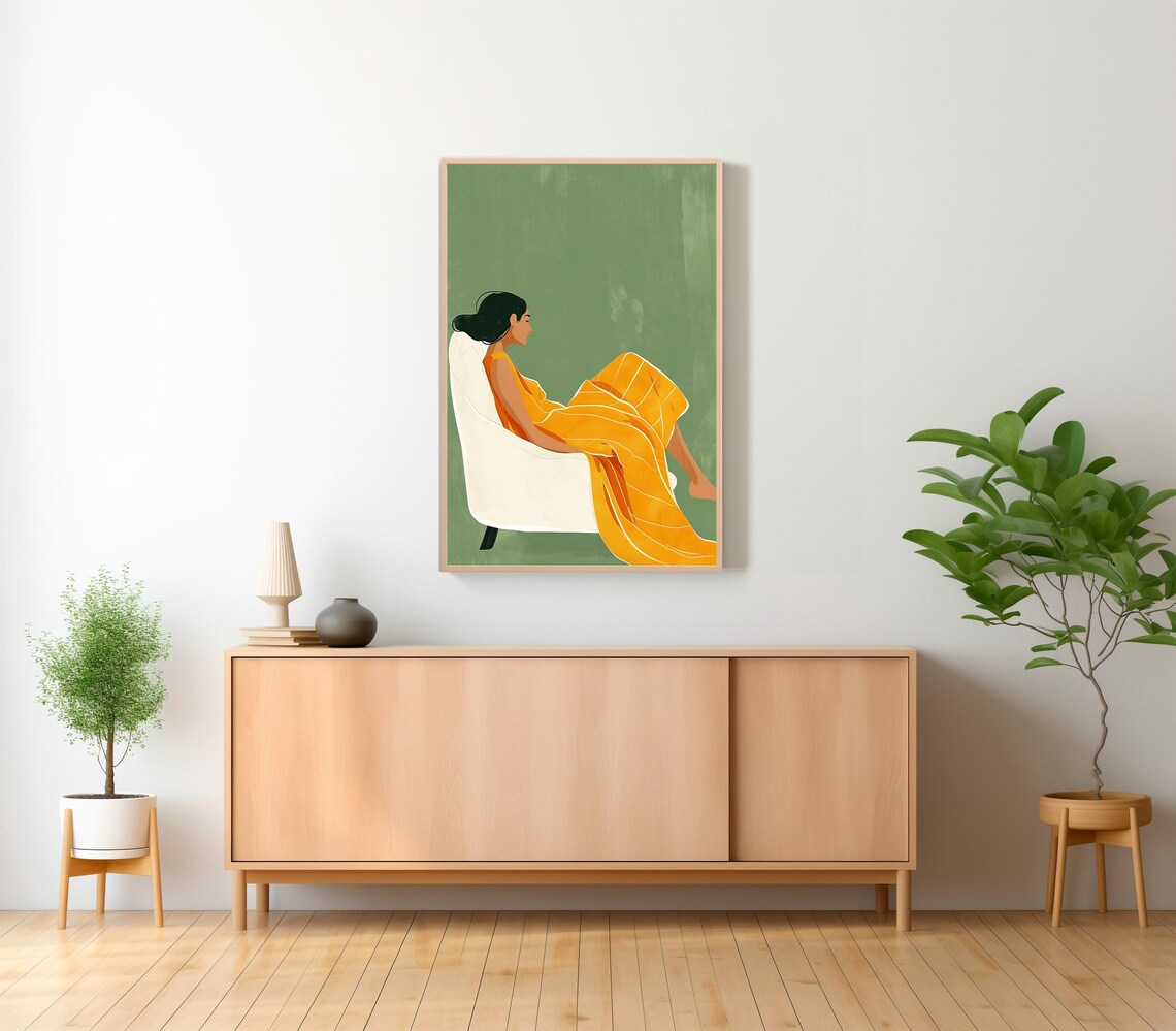 Woman in a Flowing Orange Dress Resting on a White Chair Poster - Image 2