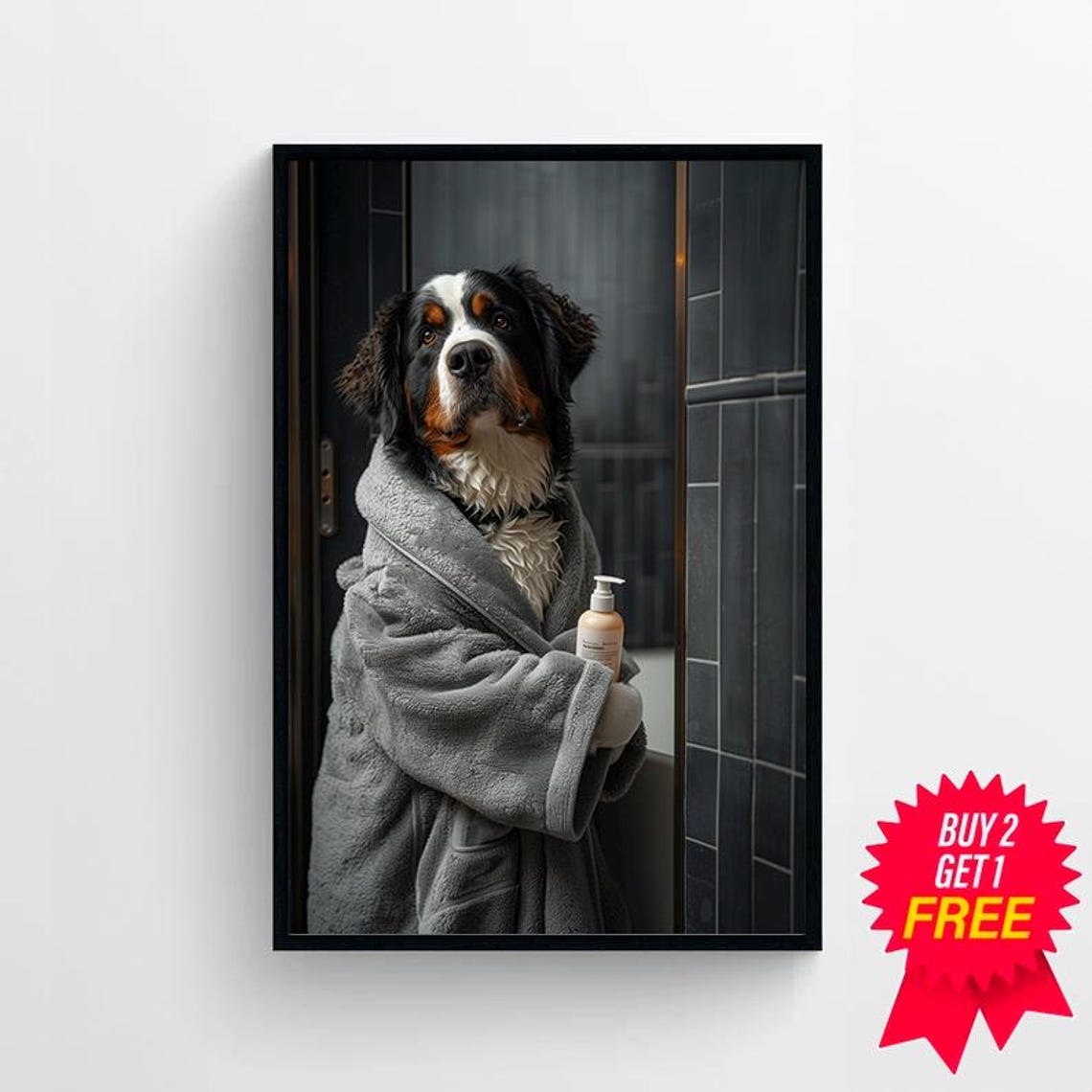 Bernese Mountain Dog in Bathrobe Holding Lotion Funny Bathroom Poster - Image 4