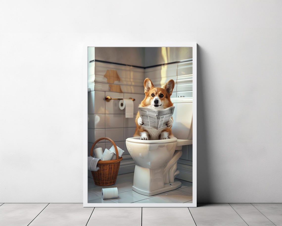 Pembroke Welsh Corgi Art Funny Bathroom Decor Dog In Toilet Animal In Toilet Petshop Art Dog Art Corgi Gift - Image 3
