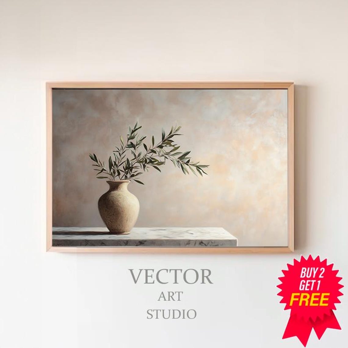 Clay Vase With Olive Sprigs On Marble Ledge Still Life Poster