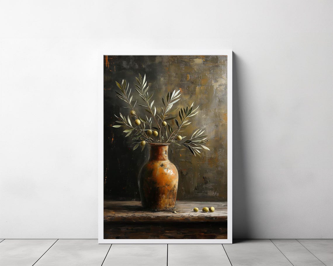 Olive Branches in Terracotta Vase Dark Moody Botanical Art Print - Image 3