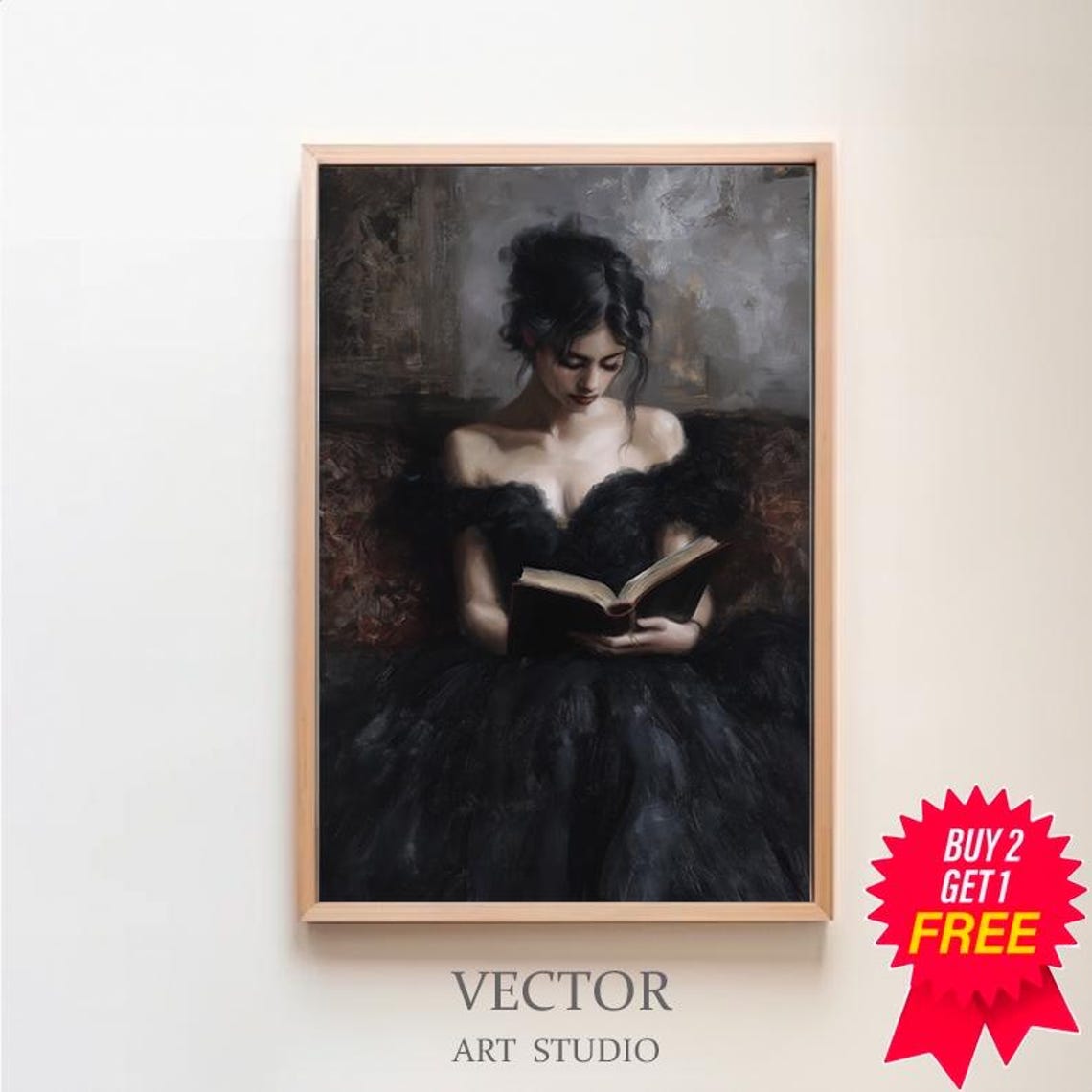 Victorian Lady Reading in a Black Gown Dark Academia Portrait Poster