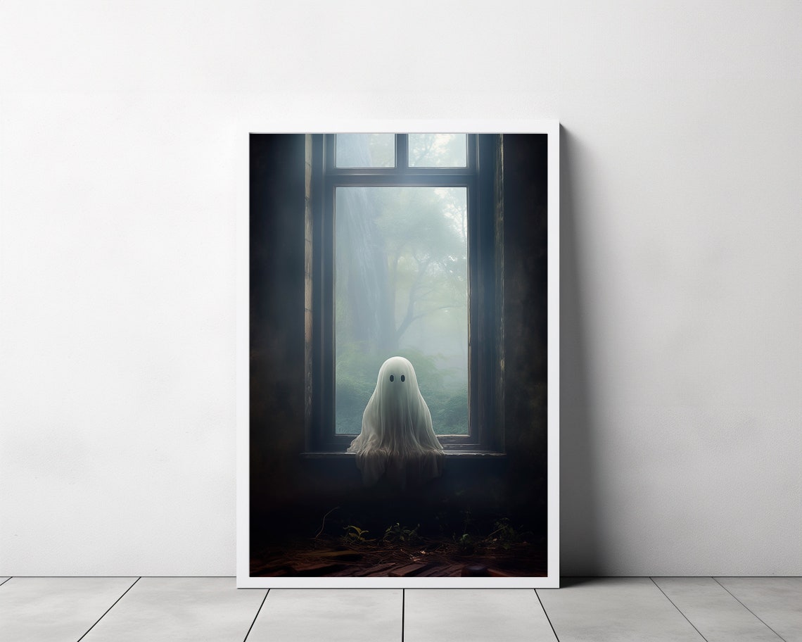 Lonely Ghost in a Tall Dark Window Facing a Misty Forest Poster - Image 3