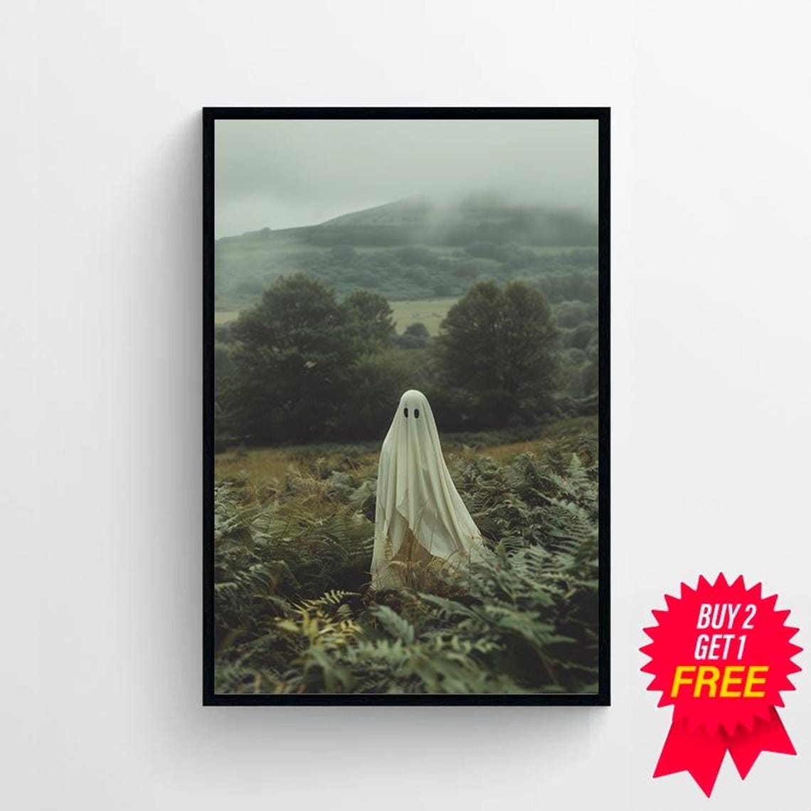 Cute Ghost in a White Sheet Standing in a Misty Forest Poster - Image 4