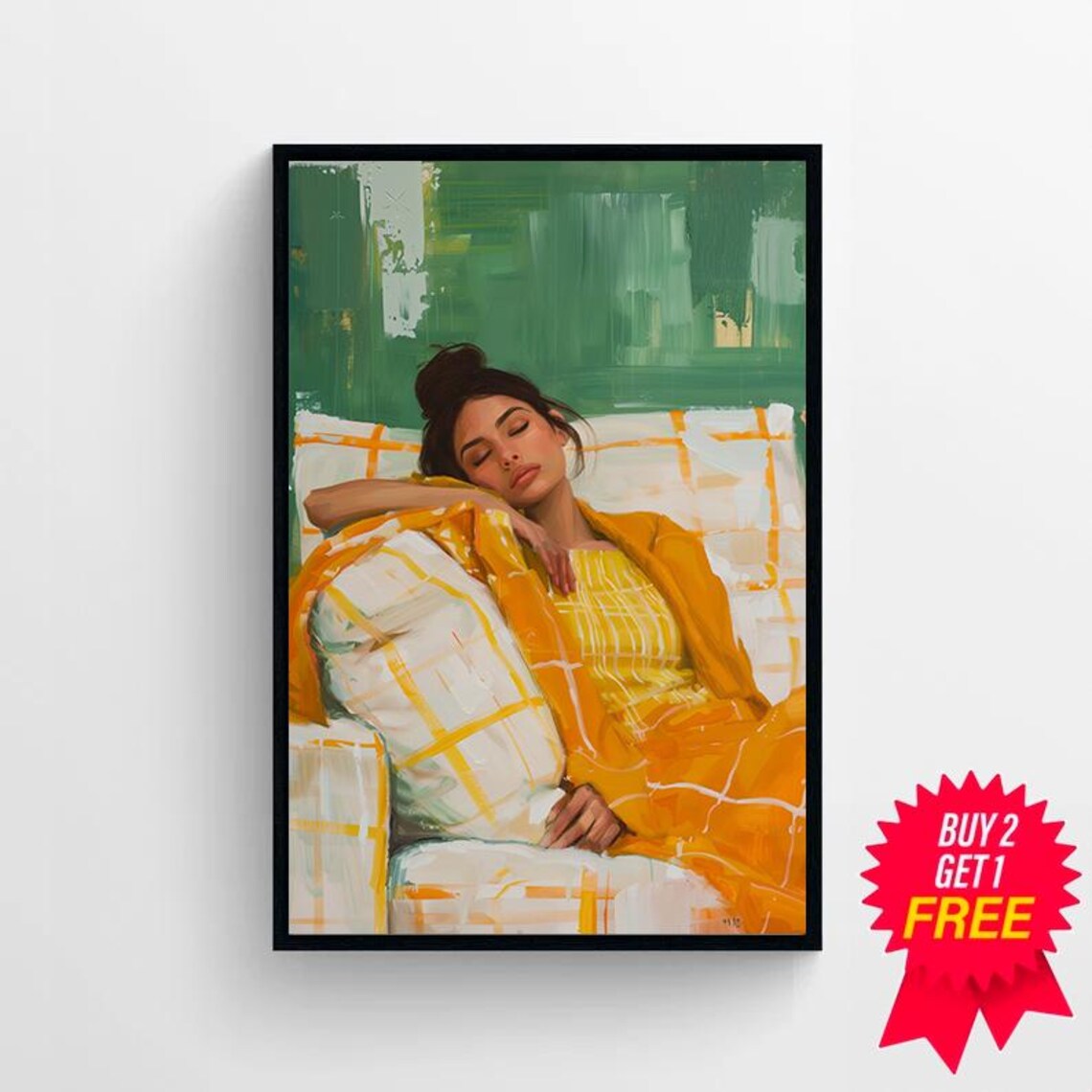 Painting of a Woman in Golden Yellow Lounging on a Checkered Couch Poster - Image 4