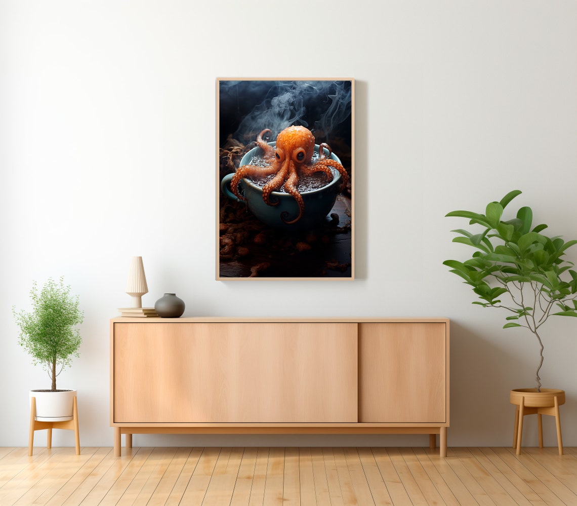 Octopus Lounging In A Steaming Teacup Whimsical Dark Art Poster - Image 2