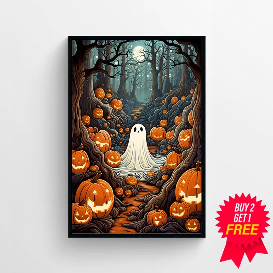 Cute Ghost Among Jack O Lanterns in a Moonlit Pumpkin Forest Poster - Image 4