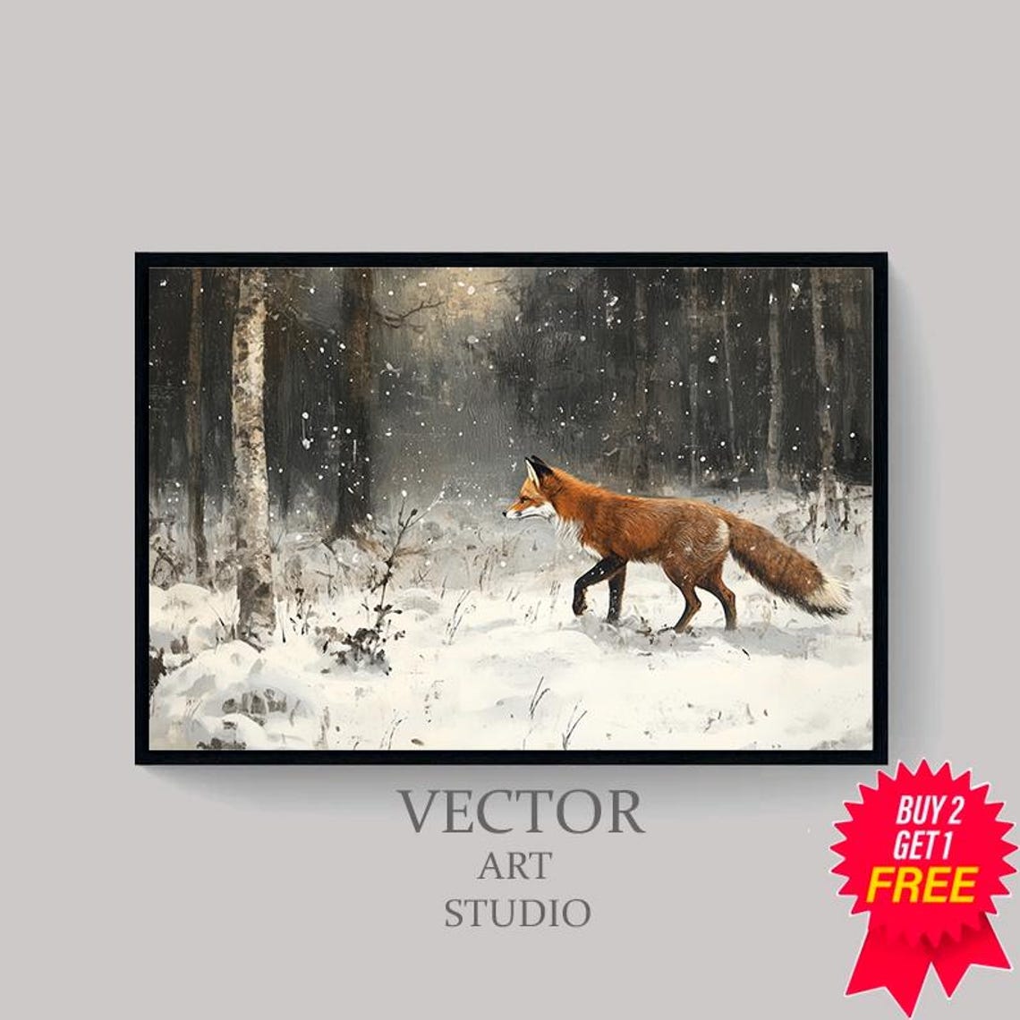Red Fox Prowling Snowy Dark Pine Forest Vintage Winter Poster - Image 4